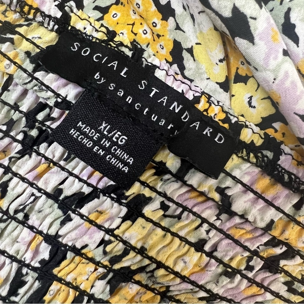 Social Standard by Sanctuary Black Yellow Floral Shoulder Tie Smocked Midi Dress - Picture 11 of 13